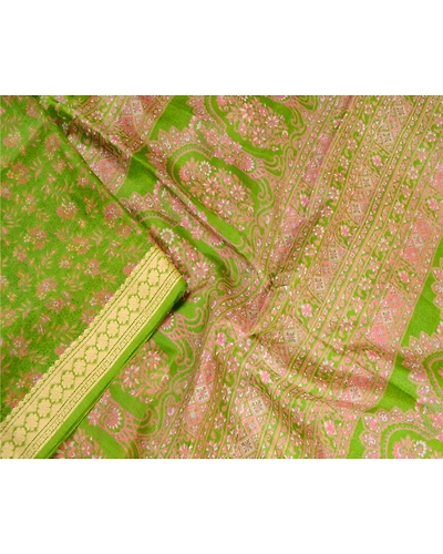 Sanskriti Vintage Sarees From India Green Pure Silk Printed Sari Craft Fabric, PR-63553-Green-Pure Silk-1