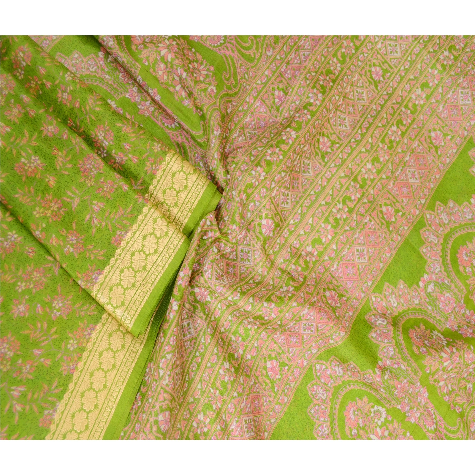 Sanskriti Vintage Sarees From India Green Pure Silk Printed Sari Craft Fabric, PR-63553-Green-Pure Silk-2