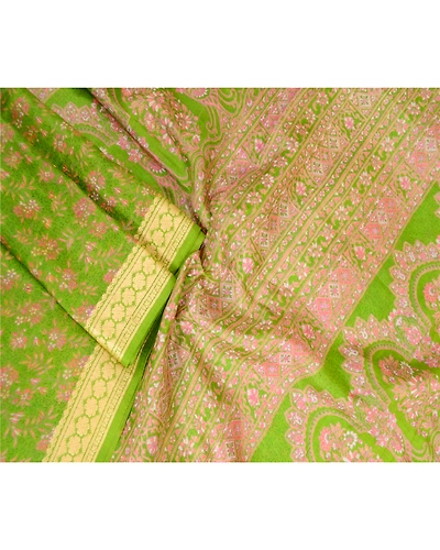 Sanskriti Vintage Sarees From India Green Pure Silk Printed Sari Craft Fabric, PR-63553-Green-Pure Silk-2