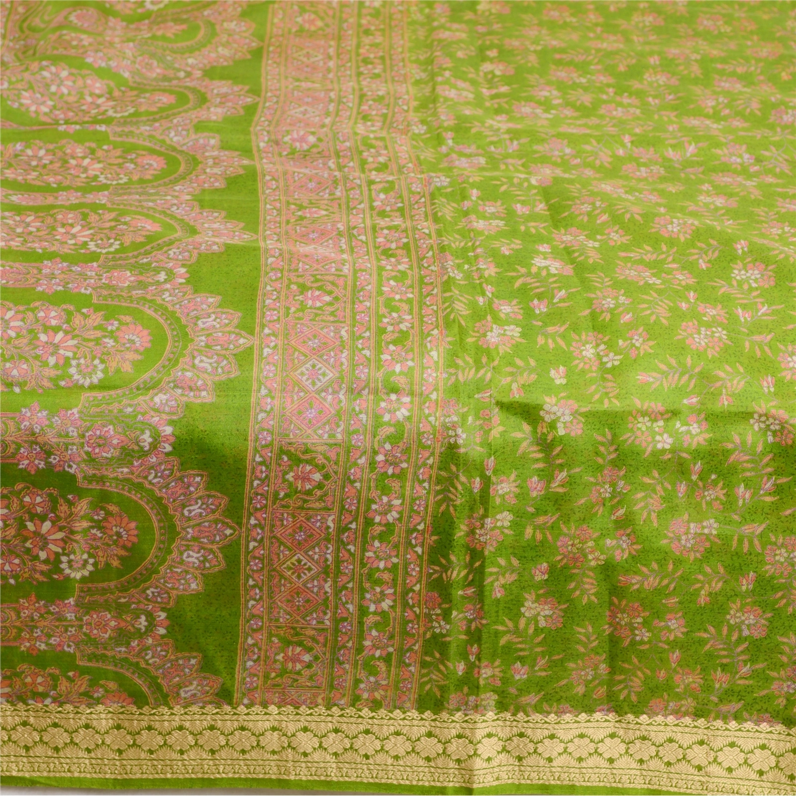 Sanskriti Vintage Sarees From India Green Pure Silk Printed Sari Craft Fabric, PR-63553-Green-Pure Silk-3