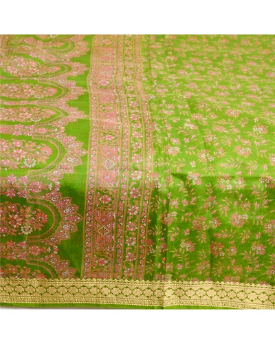 Sanskriti Vintage Sarees From India Green Pure Silk Printed Sari Craft Fabric, PR-63553-Green-Pure Silk-3
