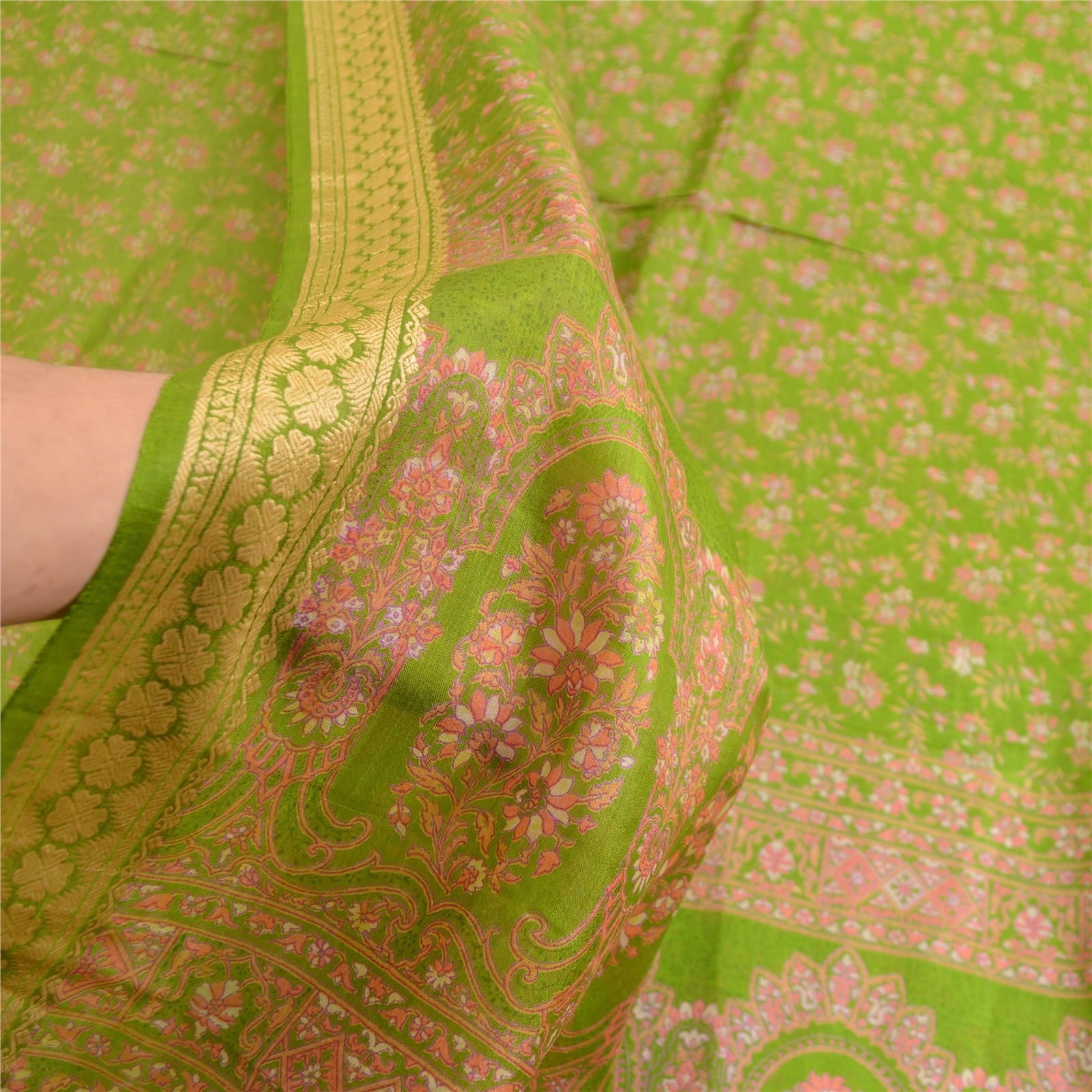 Sanskriti Vintage Sarees From India Green Pure Silk Printed Sari Craft Fabric, PR-63553-Green-Pure Silk-5