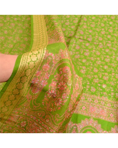 Sanskriti Vintage Sarees From India Green Pure Silk Printed Sari Craft Fabric, PR-63553-Green-Pure Silk-5