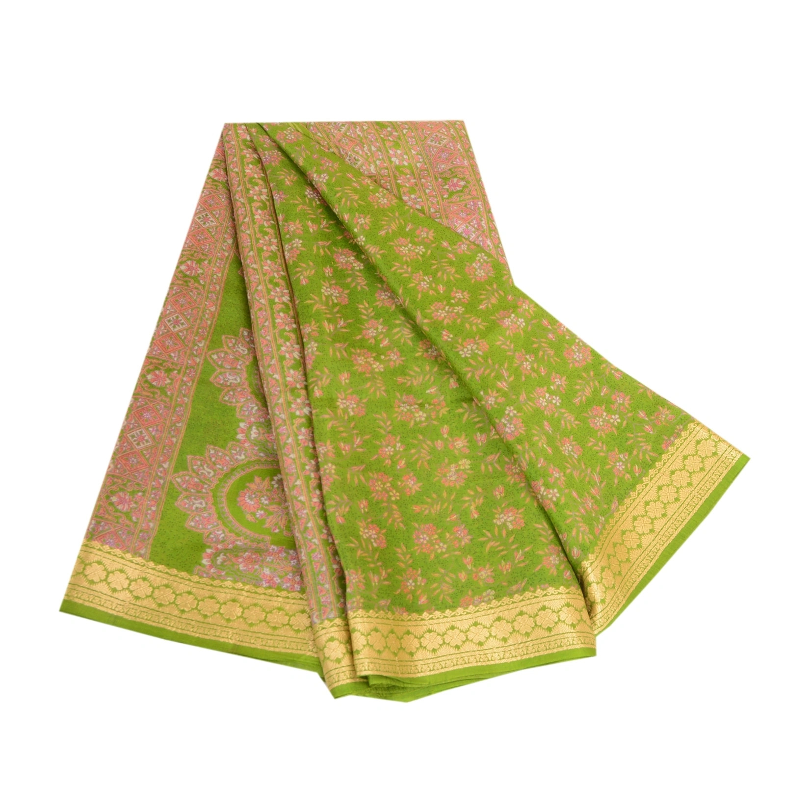 Sanskriti Vintage Sarees From India Green Pure Silk Printed Sari Craft Fabric, PR-63553-Green-Pure Silk-6