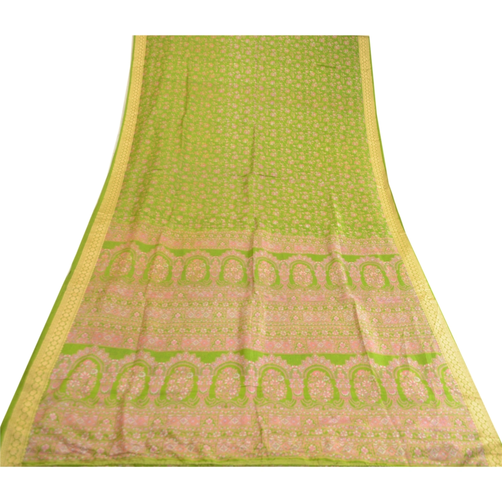 Sanskriti Vintage Sarees From India Green Pure Silk Printed Sari Craft Fabric, PR-63553-Green-Pure Silk-7