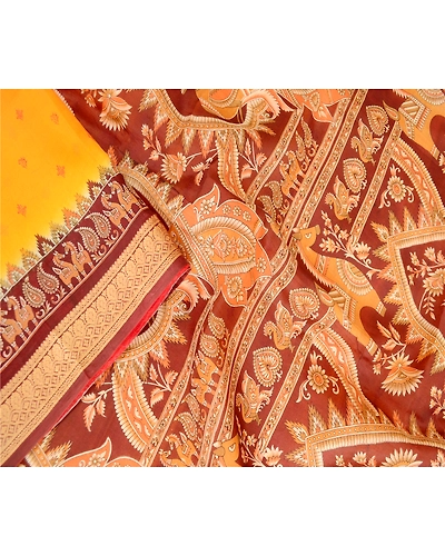 Sanskriti Vintage Sarees Yellow Pure Silk Animal Printed Sari Soft Craft Fabric, PR-63555-Yellow-Pure Silk-1