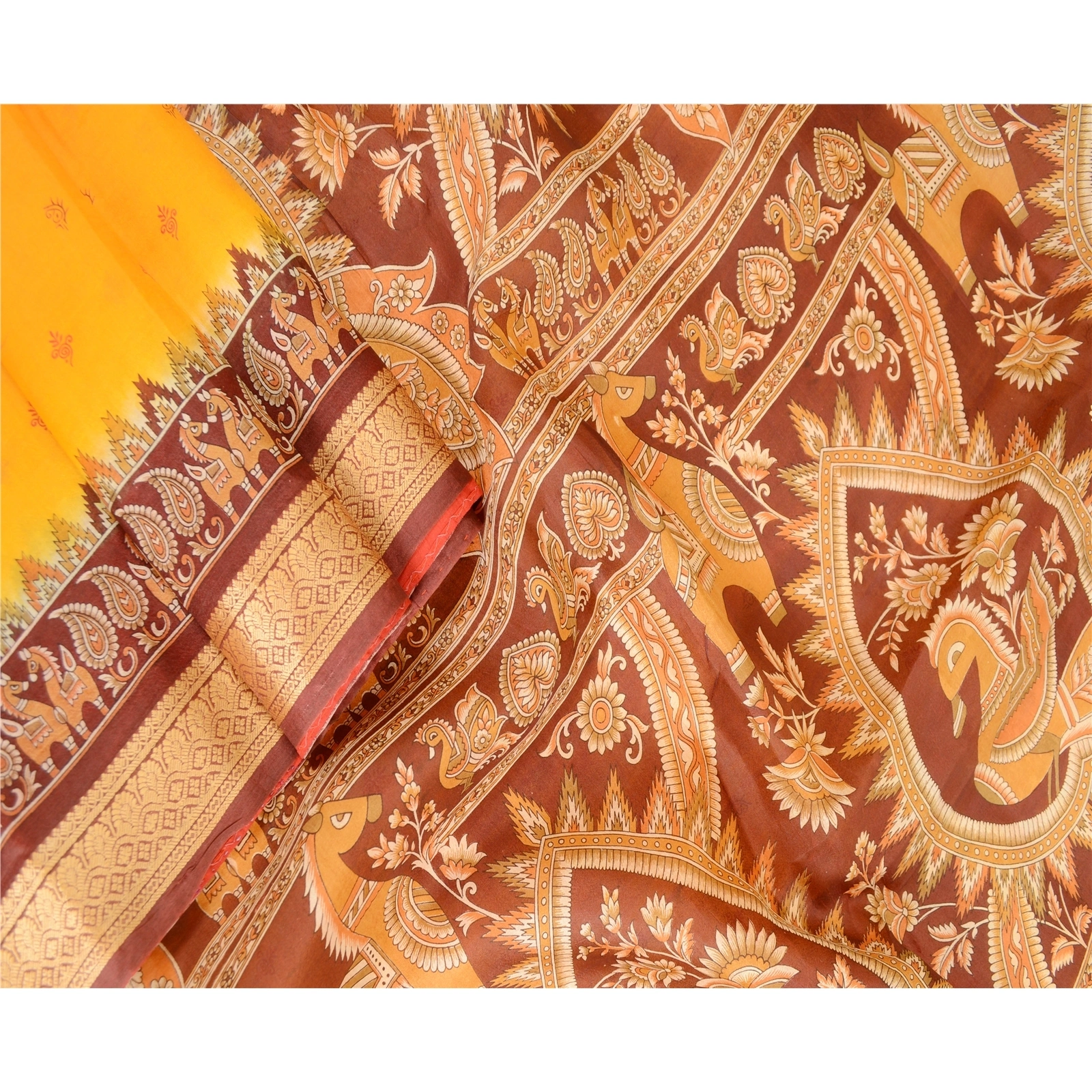 Sanskriti Vintage Sarees Yellow Pure Silk Animal Printed Sari Soft Craft Fabric, PR-63555-Yellow-Pure Silk-2