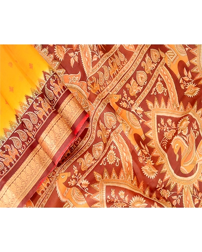 Sanskriti Vintage Sarees Yellow Pure Silk Animal Printed Sari Soft Craft Fabric, PR-63555-Yellow-Pure Silk-2