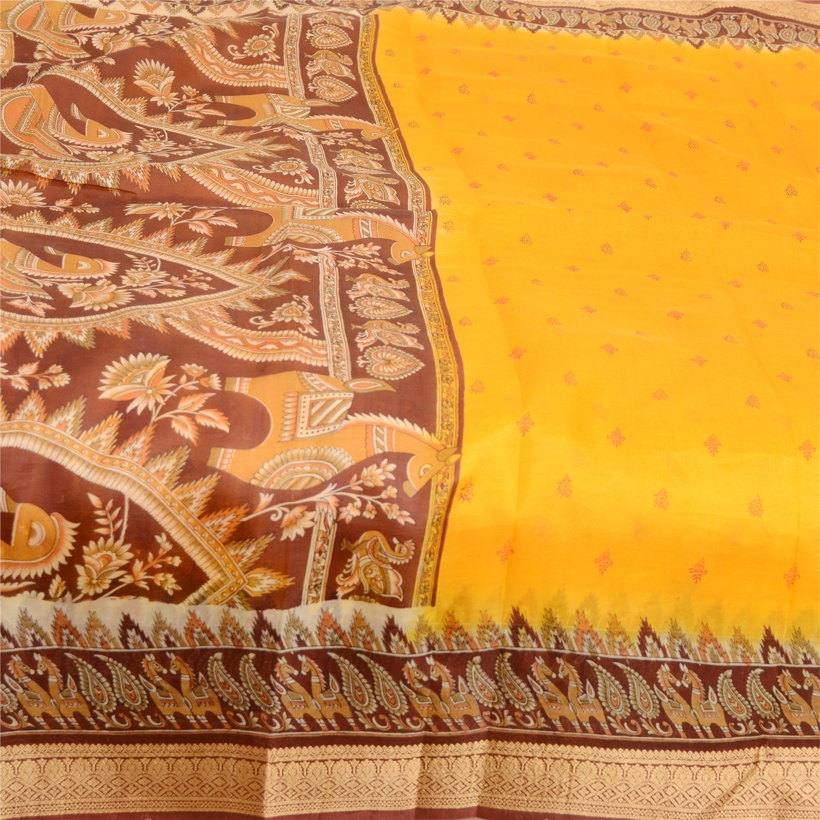 Sanskriti Vintage Sarees Yellow Pure Silk Animal Printed Sari Soft Craft Fabric, PR-63555-Yellow-Pure Silk-3