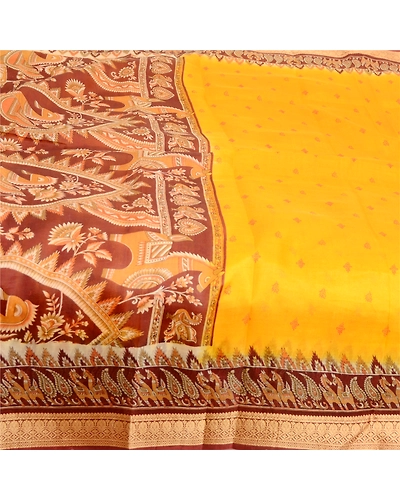 Sanskriti Vintage Sarees Yellow Pure Silk Animal Printed Sari Soft Craft Fabric, PR-63555-Yellow-Pure Silk-3