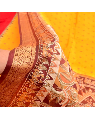 Sanskriti Vintage Sarees Yellow Pure Silk Animal Printed Sari Soft Craft Fabric, PR-63555-Yellow-Pure Silk-5