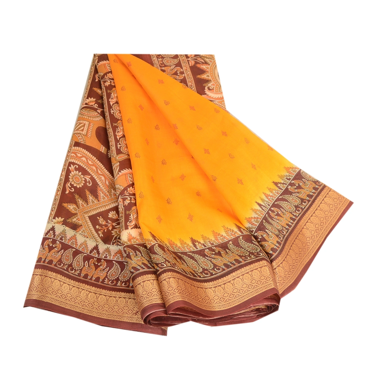 Sanskriti Vintage Sarees Yellow Pure Silk Animal Printed Sari Soft Craft Fabric, PR-63555-Yellow-Pure Silk-6