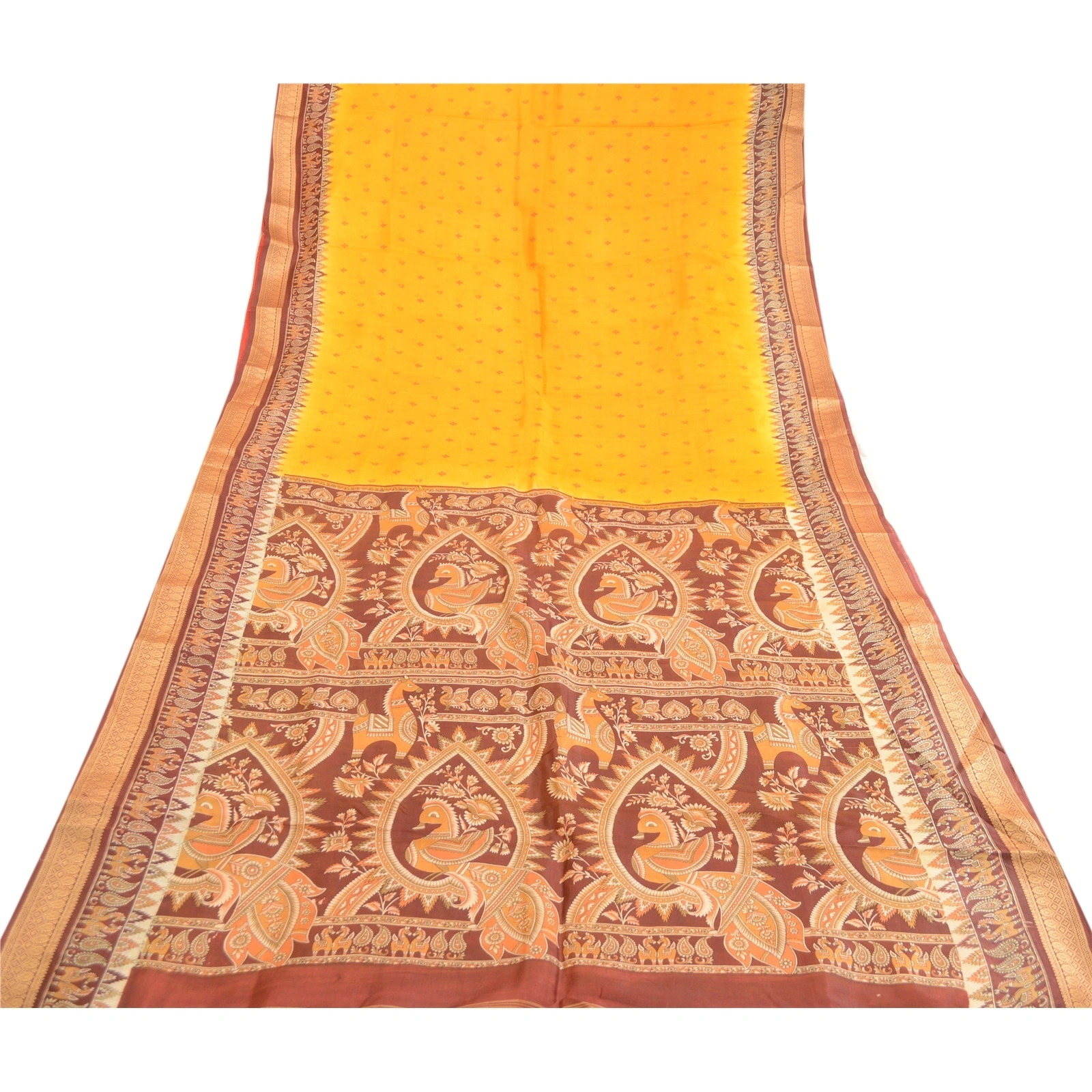 Sanskriti Vintage Sarees Yellow Pure Silk Animal Printed Sari Soft Craft Fabric, PR-63555-Yellow-Pure Silk-7