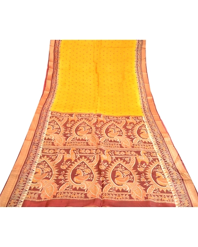 Sanskriti Vintage Sarees Yellow Pure Silk Animal Printed Sari Soft Craft Fabric, PR-63555-Yellow-Pure Silk-7