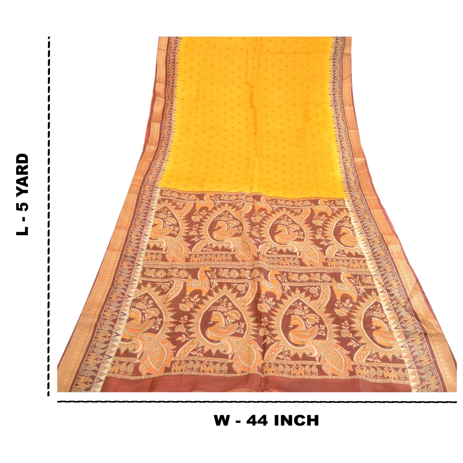 Sanskriti Vintage Sarees Yellow Pure Silk Animal Printed Sari Soft Craft Fabric, PR-63555-Yellow-Pure Silk-8