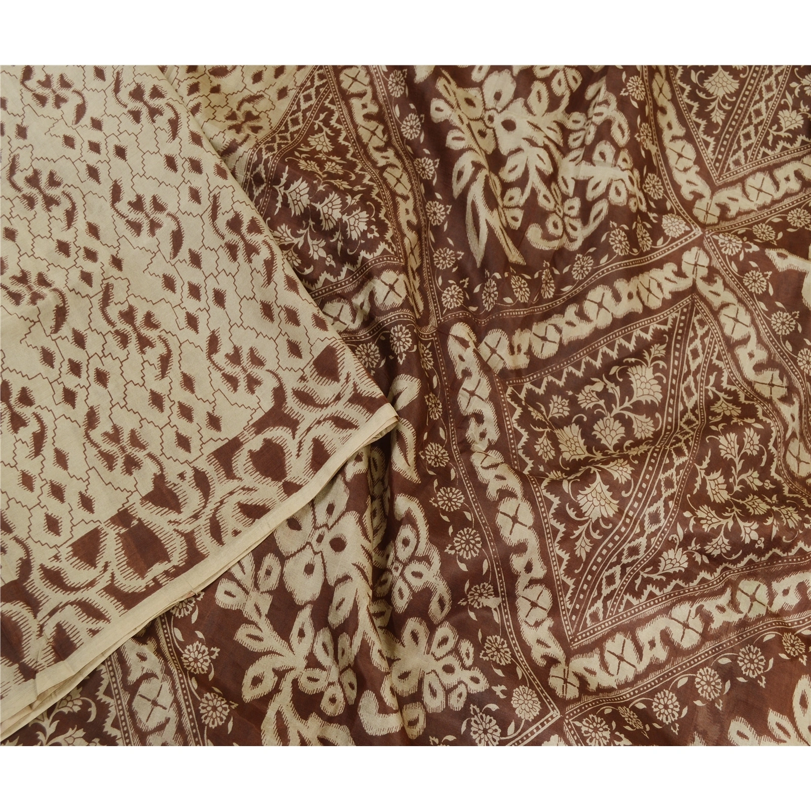 Sanskriti Vintage Sarees Pale Cream Pure Silk Printed Sari Soft 5Yd Craft Fabric, PR-63556-Pale-Cream-Pure Silk-1