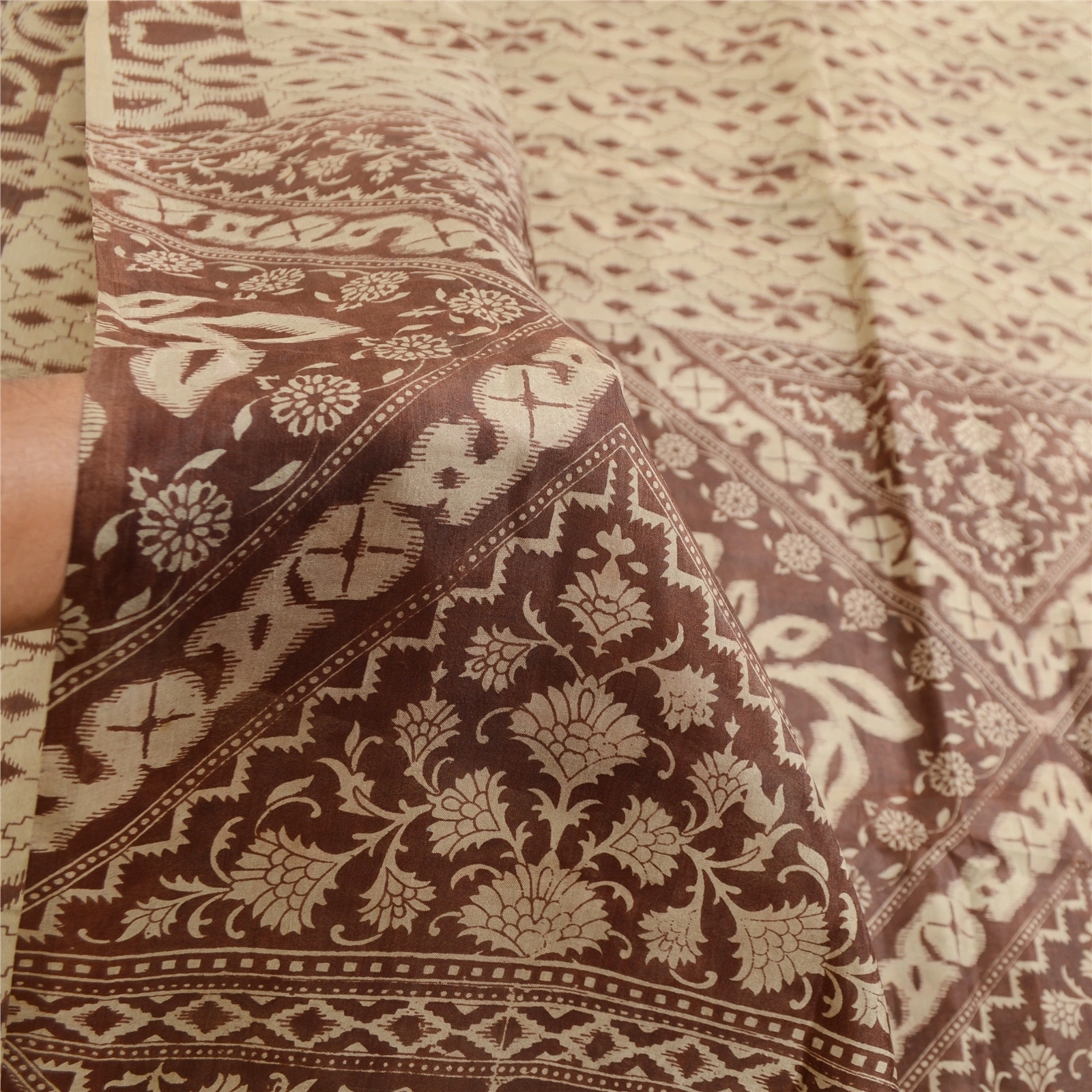 Sanskriti Vintage Sarees Pale Cream Pure Silk Printed Sari Soft 5Yd Craft Fabric, PR-63556-Pale-Cream-Pure Silk-5