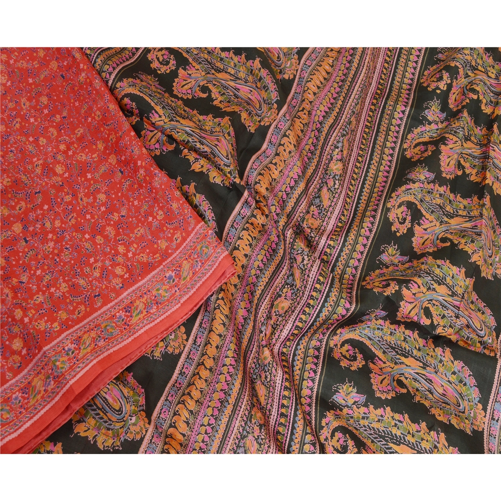 Sanskriti Vintage Sarees Red Indian Pure Silk Printed Sari Soft 5Yd Craft Fabric, PR-63557-Red-Pure Silk-1