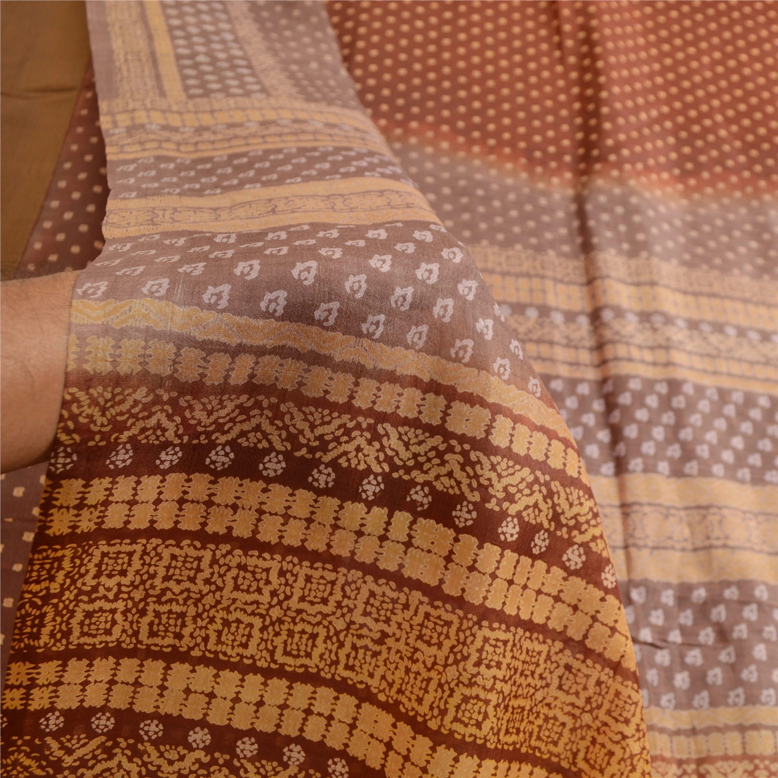 Sanskriti Vintage Sarees Coffee-Brown Indian Pure Silk Printed Sari Craft Fabric, PR-63559-Coffee-Brown-Pure Silk-6