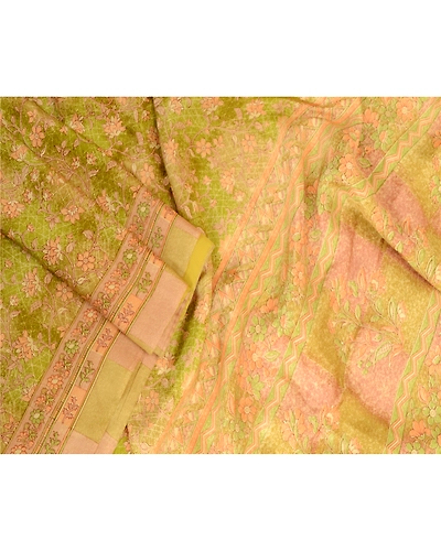 Sanskriti Vintage Sarees Green Pure Silk Printed Sari Floral 5Yd Craft Fabric, PR-63566-Green-Pure Silk-2
