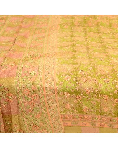 Sanskriti Vintage Sarees Green Pure Silk Printed Sari Floral 5Yd Craft Fabric, PR-63566-Green-Pure Silk-3