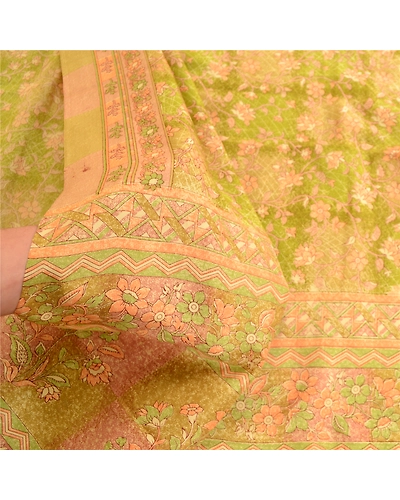 Sanskriti Vintage Sarees Green Pure Silk Printed Sari Floral 5Yd Craft Fabric, PR-63566-Green-Pure Silk-5