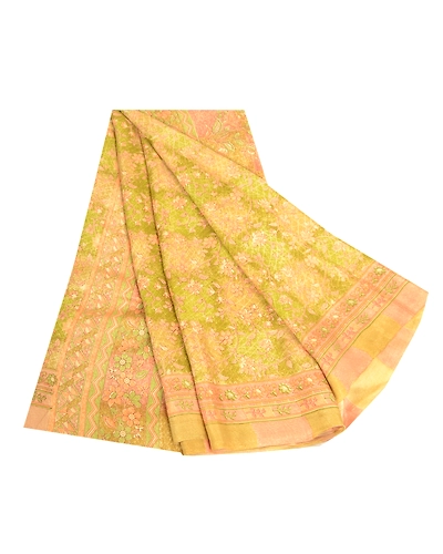 Sanskriti Vintage Sarees Green Pure Silk Printed Sari Floral 5Yd Craft Fabric, PR-63566-Green-Pure Silk-6