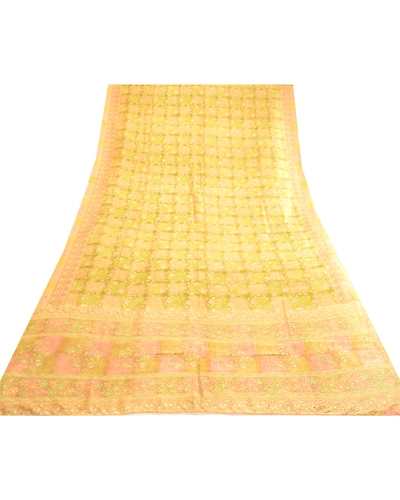 Sanskriti Vintage Sarees Green Pure Silk Printed Sari Floral 5Yd Craft Fabric, PR-63566-Green-Pure Silk-7