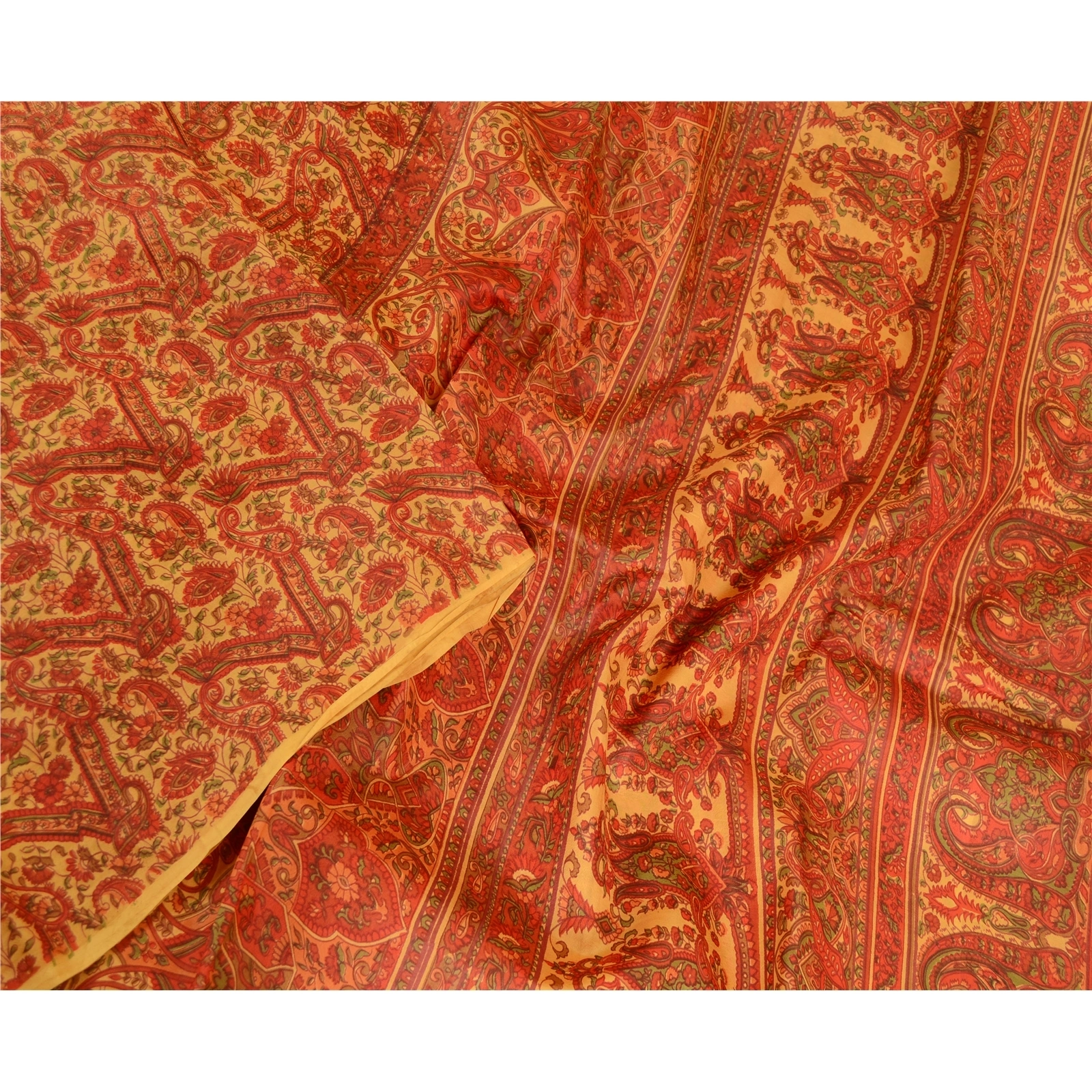 Sanskriti Vintage Sarees Indian Yellow Pure Silk Printed Sari Soft Craft Fabric, PR-63569-Yellow-Pure Silk-1