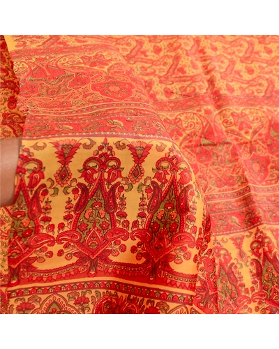 Sanskriti Vintage Sarees Indian Yellow Pure Silk Printed Sari Soft Craft Fabric, PR-63569-Yellow-Pure Silk-5