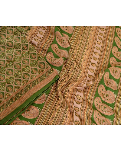 Sanskriti Vintage Sarees Indian Green Pure Silk Printed Sari Soft Craft Fabric, PR-63577-Green-Pure Silk-1