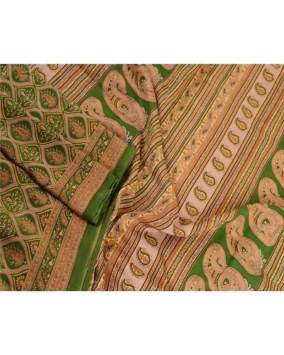 Sanskriti Vintage Sarees Indian Green Pure Silk Printed Sari Soft Craft Fabric, PR-63577-Green-Pure Silk-2