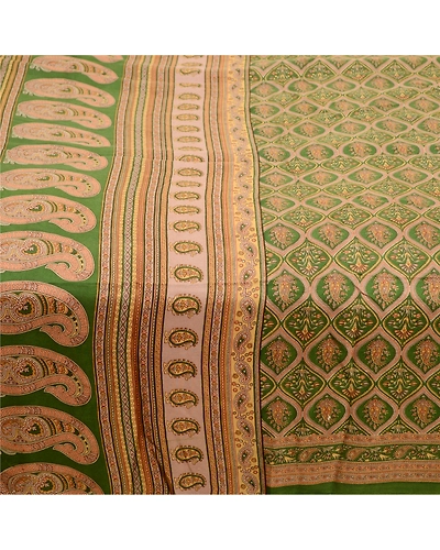 Sanskriti Vintage Sarees Indian Green Pure Silk Printed Sari Soft Craft Fabric, PR-63577-Green-Pure Silk-3
