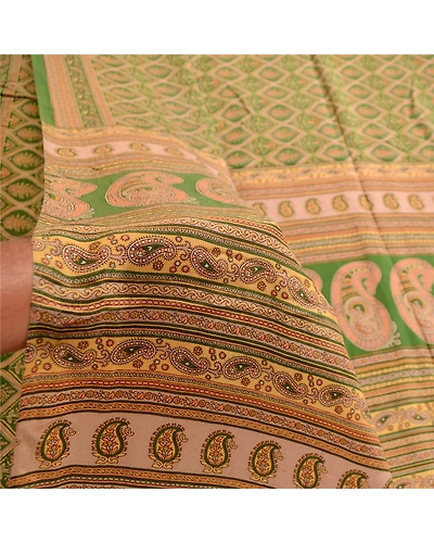 Sanskriti Vintage Sarees Indian Green Pure Silk Printed Sari Soft Craft Fabric, PR-63577-Green-Pure Silk-5