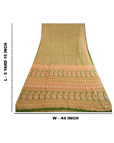 Sanskriti Vintage Sarees Indian Green Pure Silk Printed Sari Soft Craft Fabric, PR-63577-Green-Pure Silk-8
