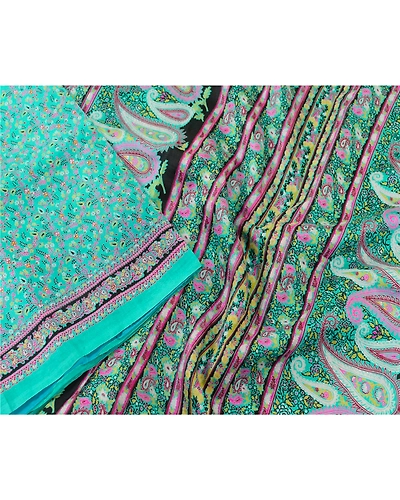 Sanskriti Vintage Sarees Sea-Green Pure Silk Printed Sari Soft 5Yd Craft Fabric, PR-63578-Sea-Green-Pure Silk-1