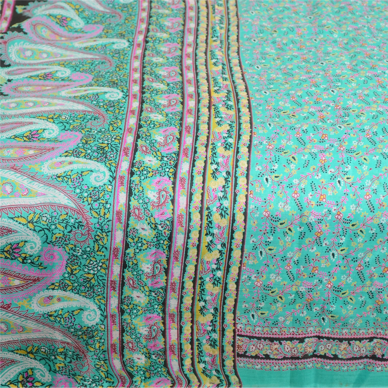 Sanskriti Vintage Sarees Sea-Green Pure Silk Printed Sari Soft 5Yd Craft Fabric, PR-63578-Sea-Green-Pure Silk-3