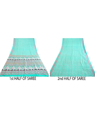 Sanskriti Vintage Sarees Sea-Green Pure Silk Printed Sari Soft 5Yd Craft Fabric, PR-63578-Sea-Green-Pure Silk-4