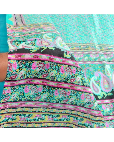 Sanskriti Vintage Sarees Sea-Green Pure Silk Printed Sari Soft 5Yd Craft Fabric, PR-63578-Sea-Green-Pure Silk-5