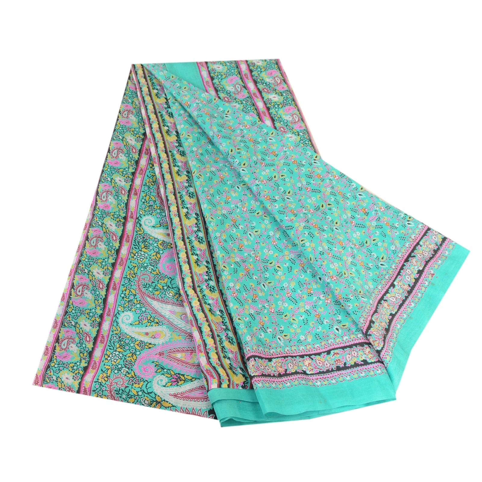 Sanskriti Vintage Sarees Sea-Green Pure Silk Printed Sari Soft 5Yd Craft Fabric, PR-63578-Sea-Green-Pure Silk-6