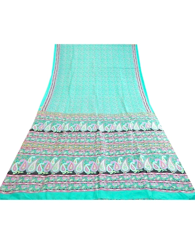 Sanskriti Vintage Sarees Sea-Green Pure Silk Printed Sari Soft 5Yd Craft Fabric, PR-63578-Sea-Green-Pure Silk-7