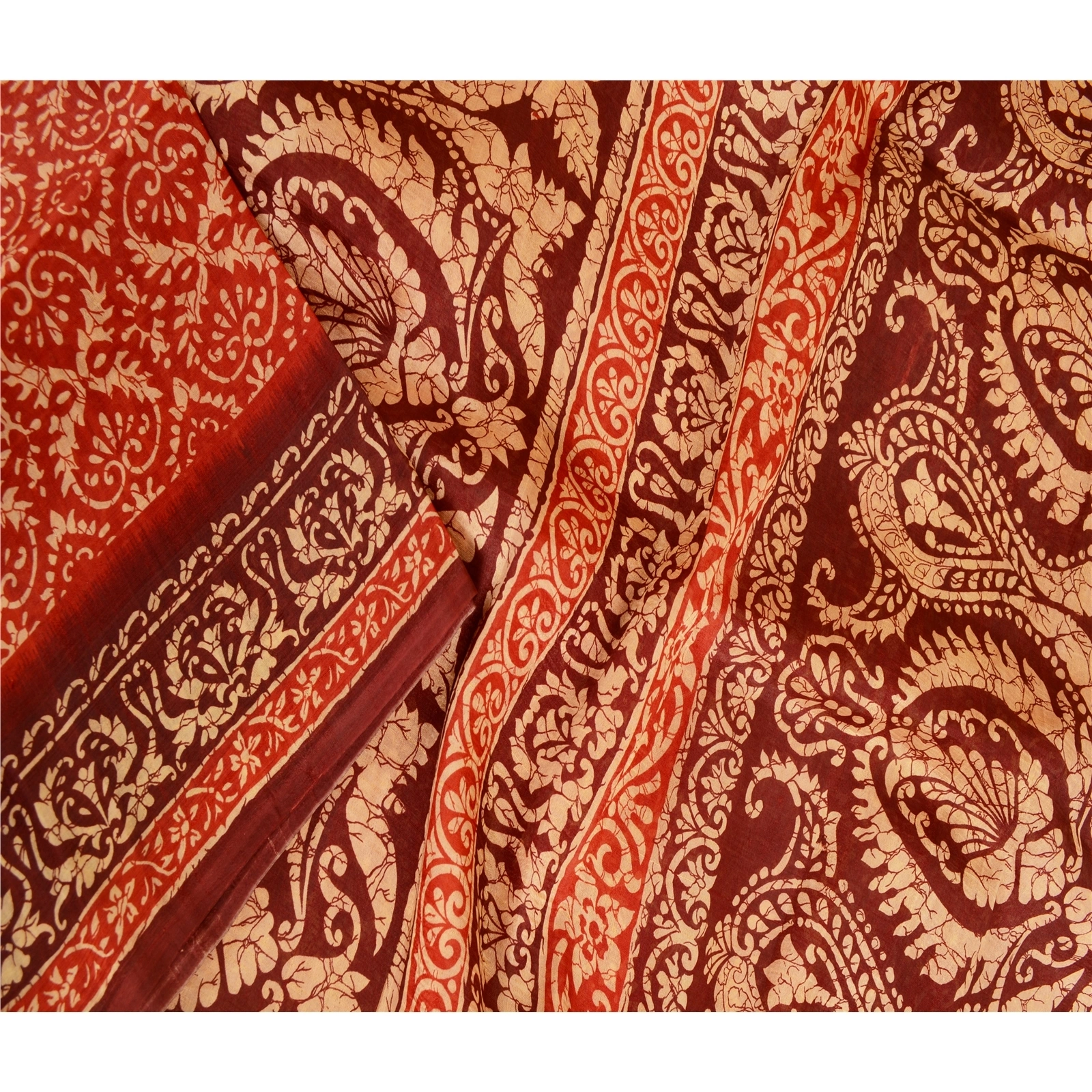 Sanskriti Vintage Sarees Indian Red 100% Pure Silk Printed Sari 5Yd Craft Fabric, PR-63589-Red-Pure Silk-1