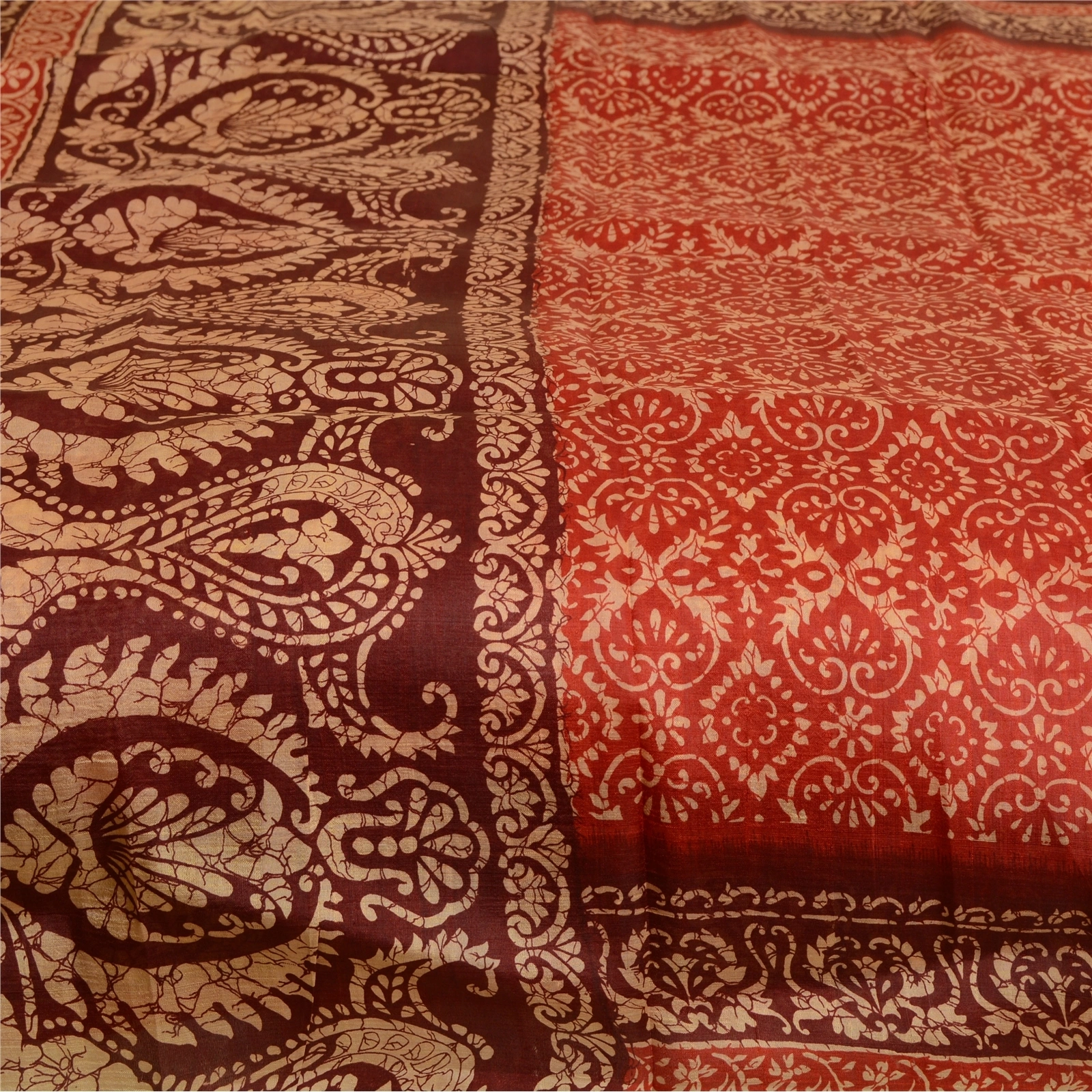 Sanskriti Vintage Sarees Indian Red 100% Pure Silk Printed Sari 5Yd Craft Fabric, PR-63589-Red-Pure Silk-3