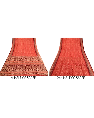 Sanskriti Vintage Sarees Indian Red 100% Pure Silk Printed Sari 5Yd Craft Fabric, PR-63589-Red-Pure Silk-4