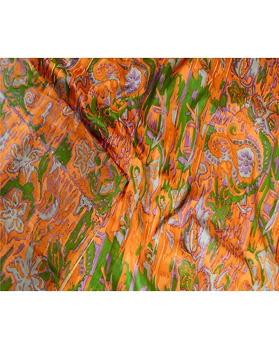 Sanskriti Vintage Sarees Saffron Indian Printed Pure Silk Sari Soft Craft Fabric, PR-63594-Saffron-Pure Silk-1