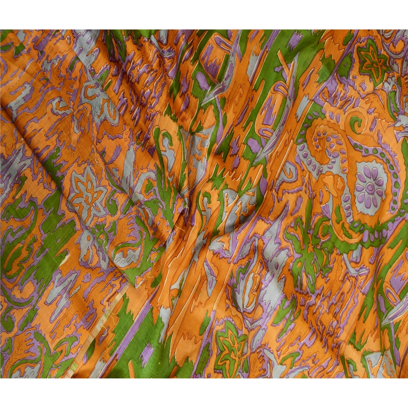 Sanskriti Vintage Sarees Saffron Indian Printed Pure Silk Sari Soft Craft Fabric, PR-63594-Saffron-Pure Silk-2