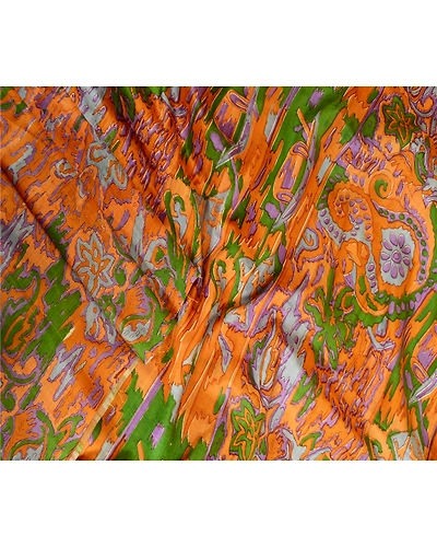 Sanskriti Vintage Sarees Saffron Indian Printed Pure Silk Sari Soft Craft Fabric, PR-63594-Saffron-Pure Silk-2