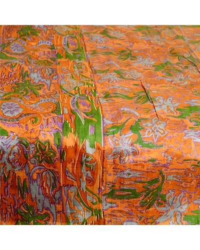 Sanskriti Vintage Sarees Saffron Indian Printed Pure Silk Sari Soft Craft Fabric, PR-63594-Saffron-Pure Silk-3