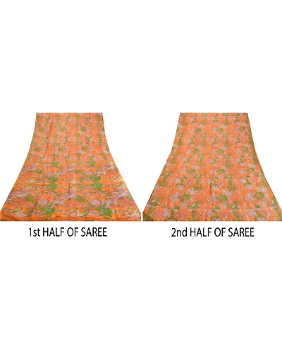 Sanskriti Vintage Sarees Saffron Indian Printed Pure Silk Sari Soft Craft Fabric, PR-63594-Saffron-Pure Silk-4