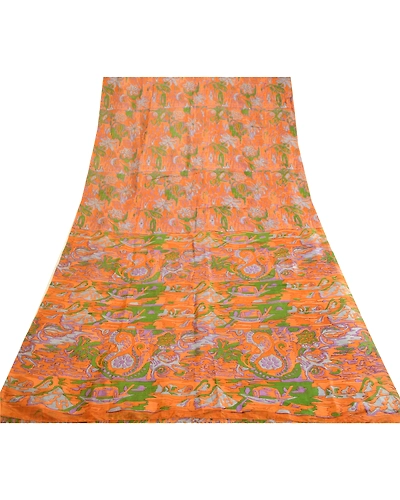 Sanskriti Vintage Sarees Saffron Indian Printed Pure Silk Sari Soft Craft Fabric, PR-63594-Saffron-Pure Silk-7
